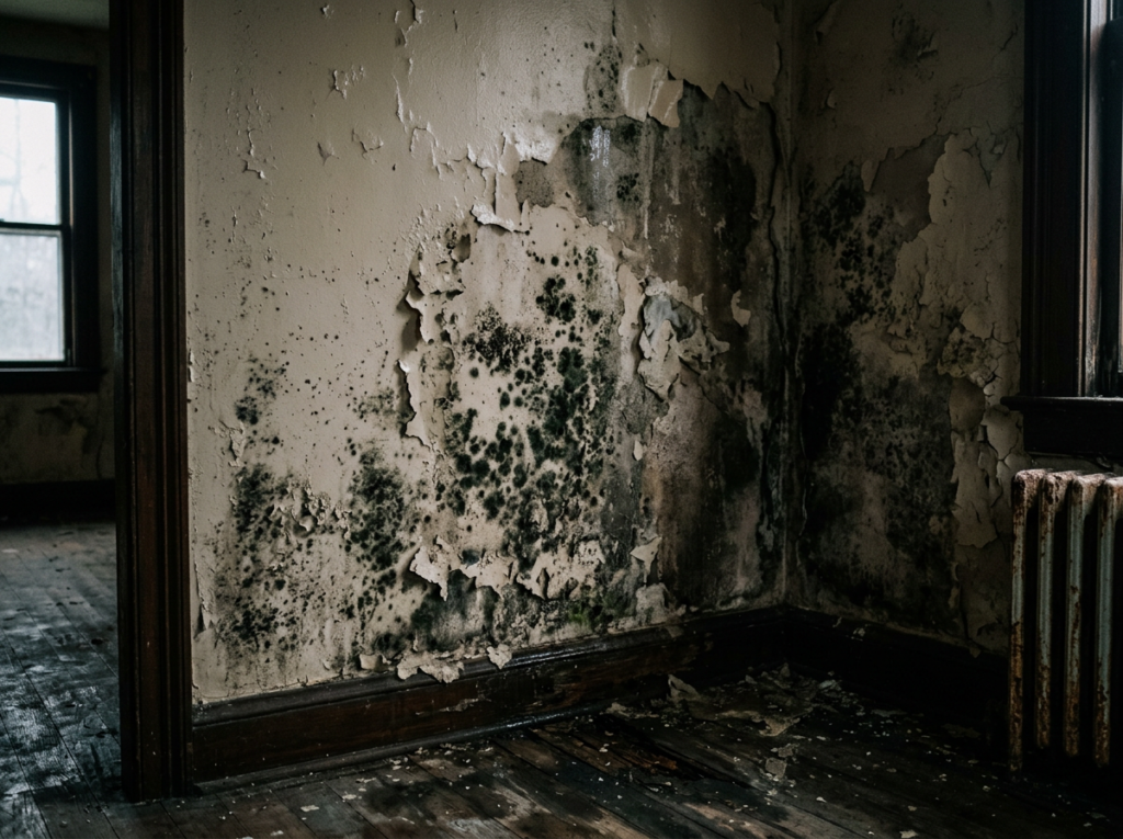Peeling paint and extensive black mold damage on interior wall corners