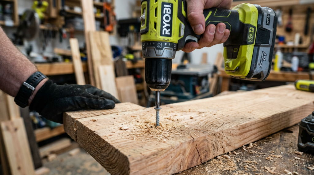 Hand operating Ryobi cordless drill driving screw into a wooden board