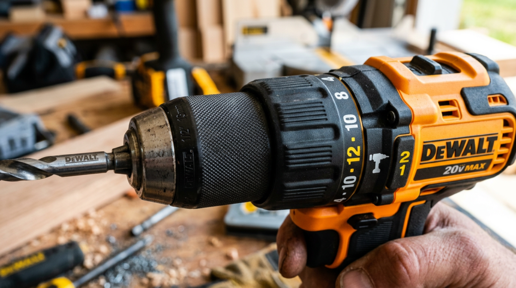 Close-up of DEWALT cordless drill with drill bit attached on woodwork surface
