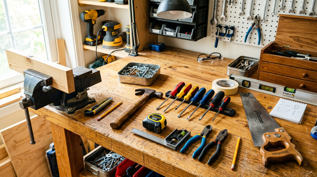 Woodworking tools neatly arranged on a wooden workbench including screwdrivers, hammer, saw, tape measure, pliers, and a wood clamp holding a piece of wood