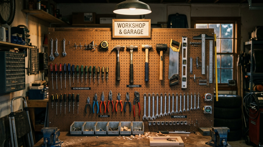 Pegboard with screwdrivers, hammers, pliers, and wrenches organized in a workshop