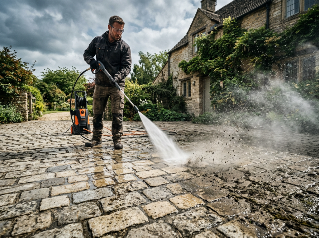 Man using a pressure washer to clean cobblestone driveway outside a stone house
